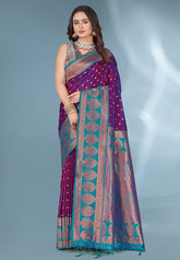 Purple Polka Paithani Silk Contrast Zari Woven Saree with Unstitched Blouse