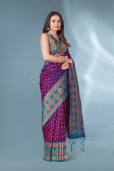 Purple Polka Paithani Silk Contrast Zari Woven Saree with Unstitched Blouse