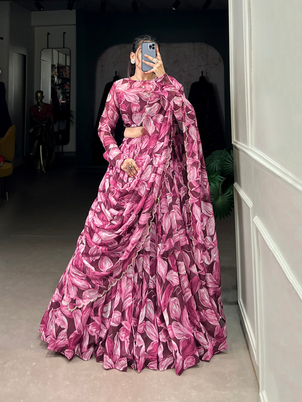 Maroon tubby silk printed lehenga choli