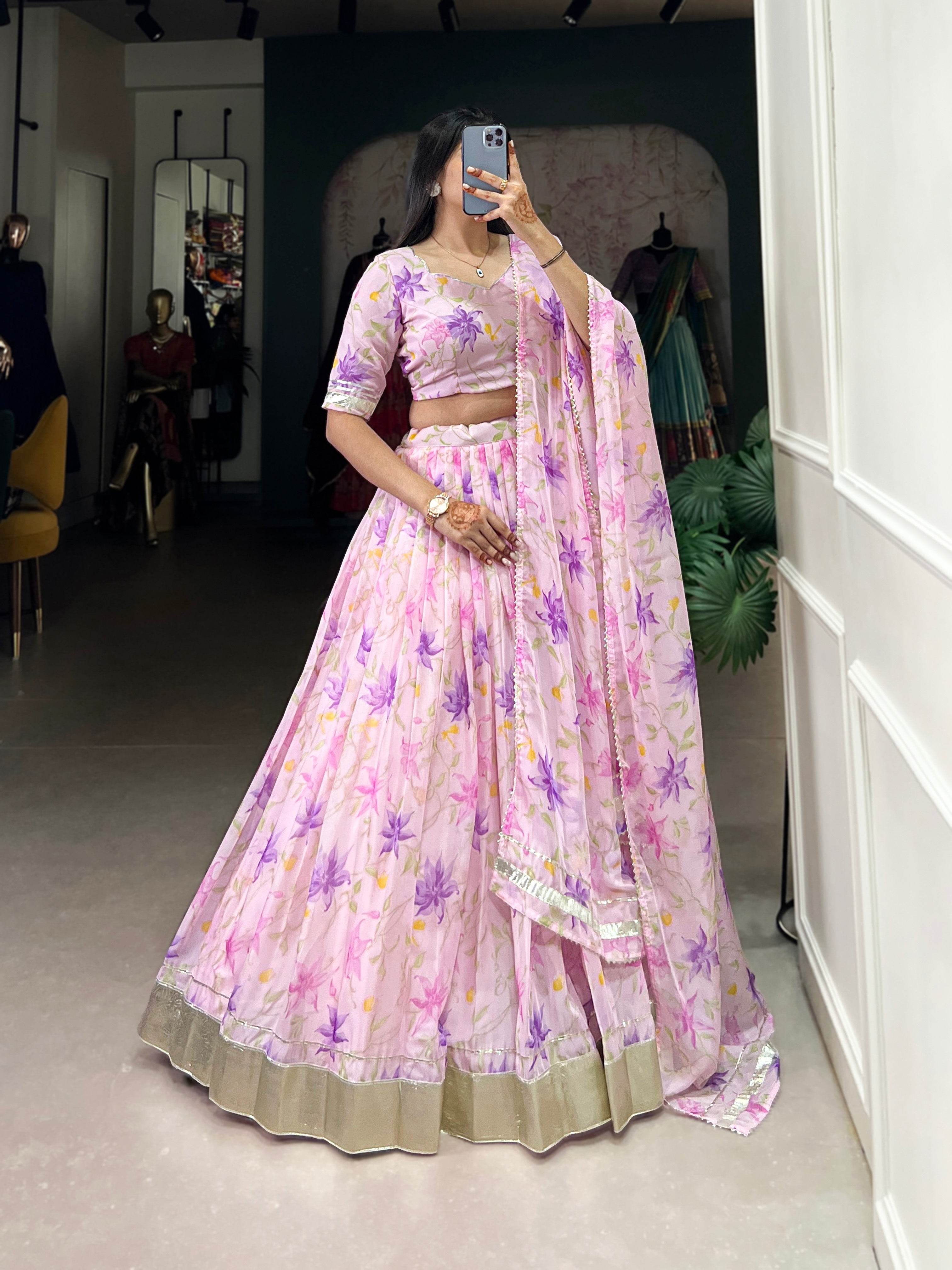 Baby pink tabby silk floral print lehenga choli