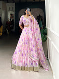 Baby pink floral lehenga with lace border