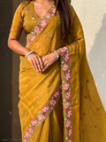 Mustard Pure Crush Embroidered Saree with Multicolor Floral Motifs and Cutwork Border