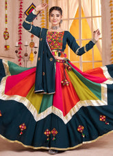 Teal blue Navratri lehenga choli with mirror and lampi work