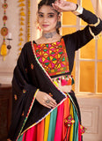 Designer black lehenga with 10 meter flair for traditional Garba nights