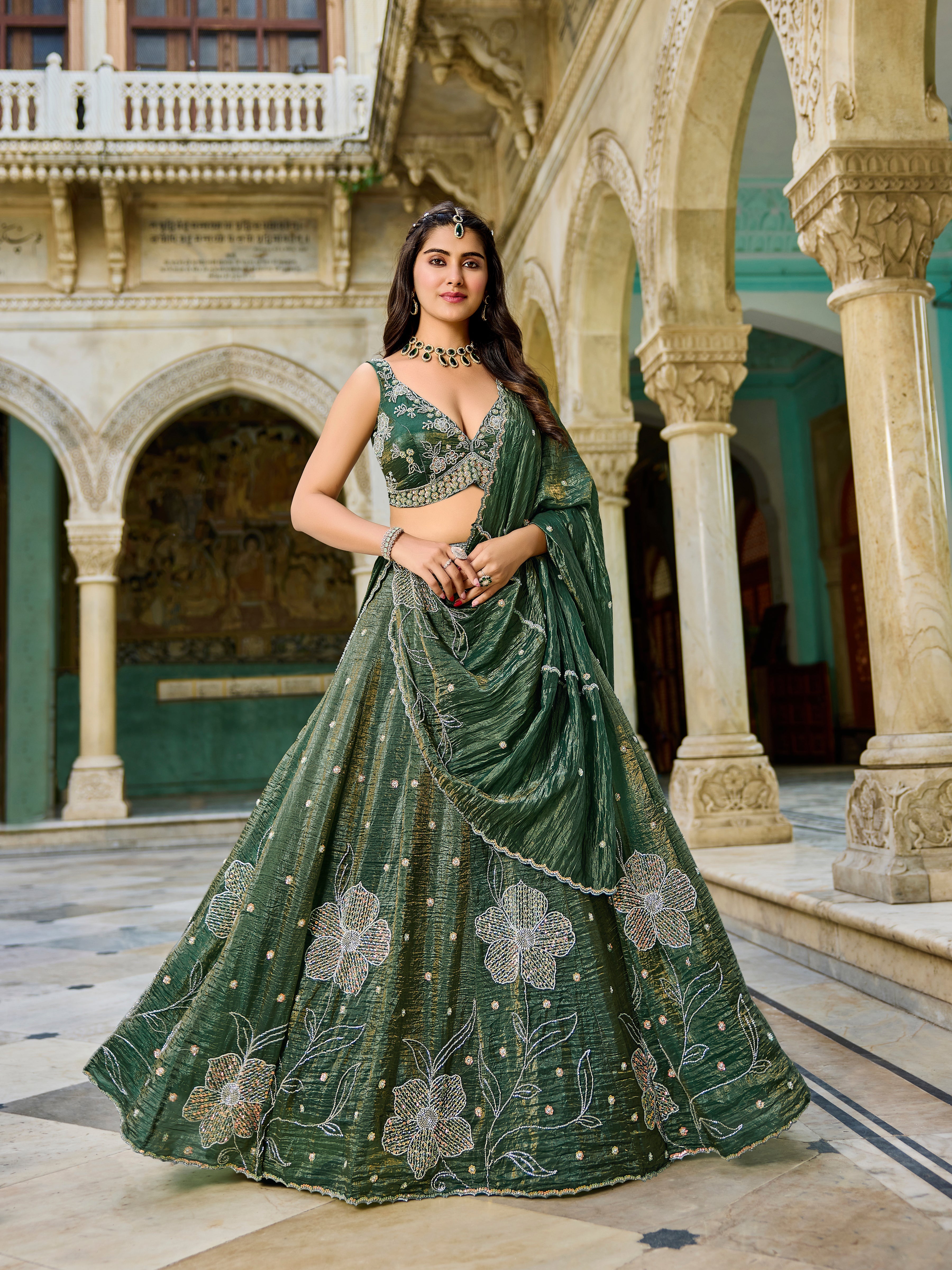 Designer Green Gold Crush Lehenga Choli Set – Floral Embroidery, Festive Ethnic Wear - Gunj Fashion