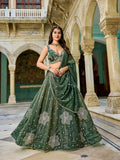 Designer Green Gold Crush Lehenga Choli Set – Floral Embroidery, Festive Ethnic Wear - Gunj Fashion