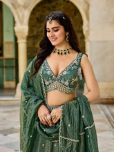 Designer Green Gold Crush Lehenga Choli Set – Floral Embroidery, Festive Ethnic Wear - Gunj Fashion