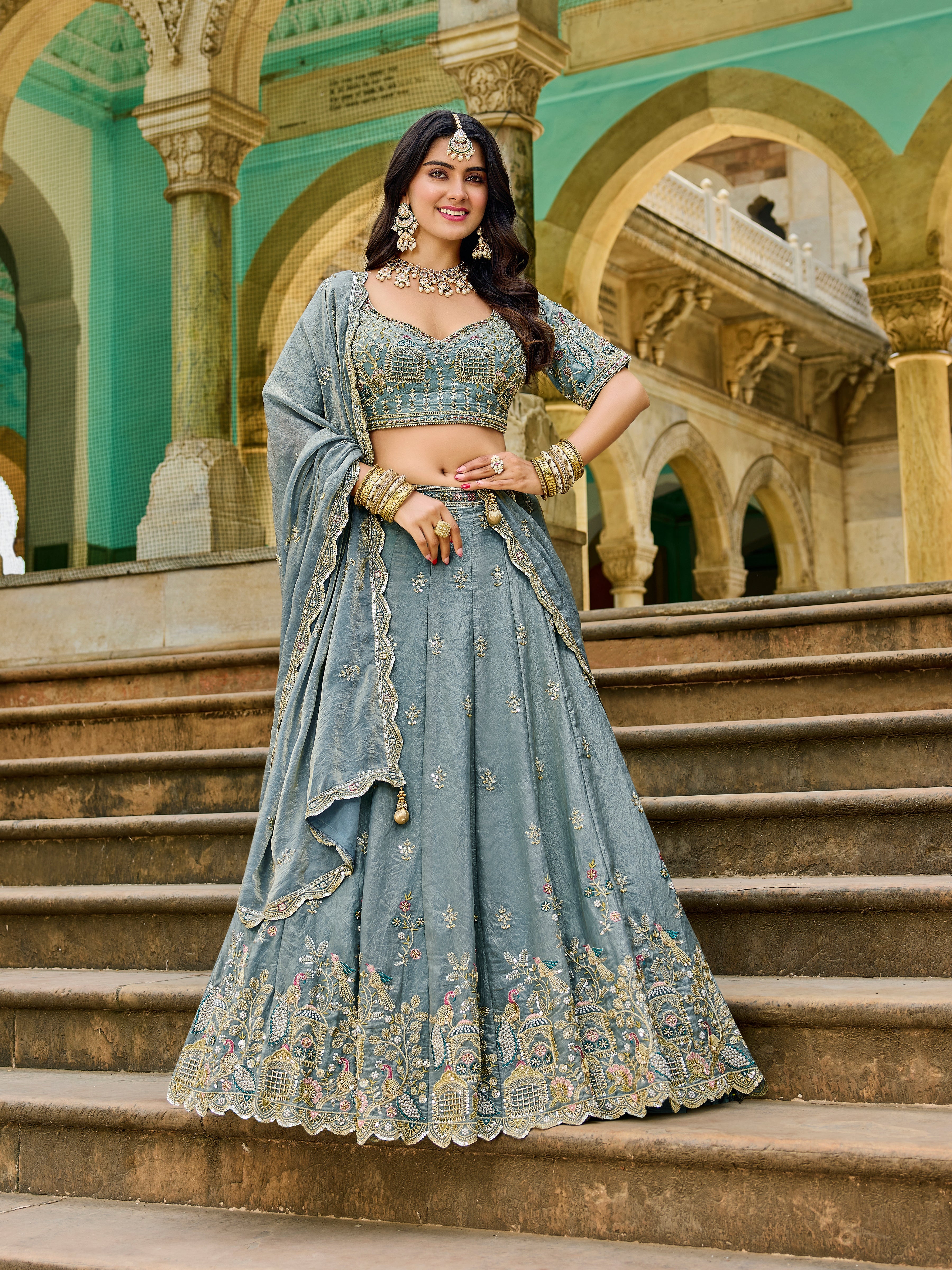 Dusty Blue Marvella Lehenga – Wedding & Festive Wear - Gunj Fashion