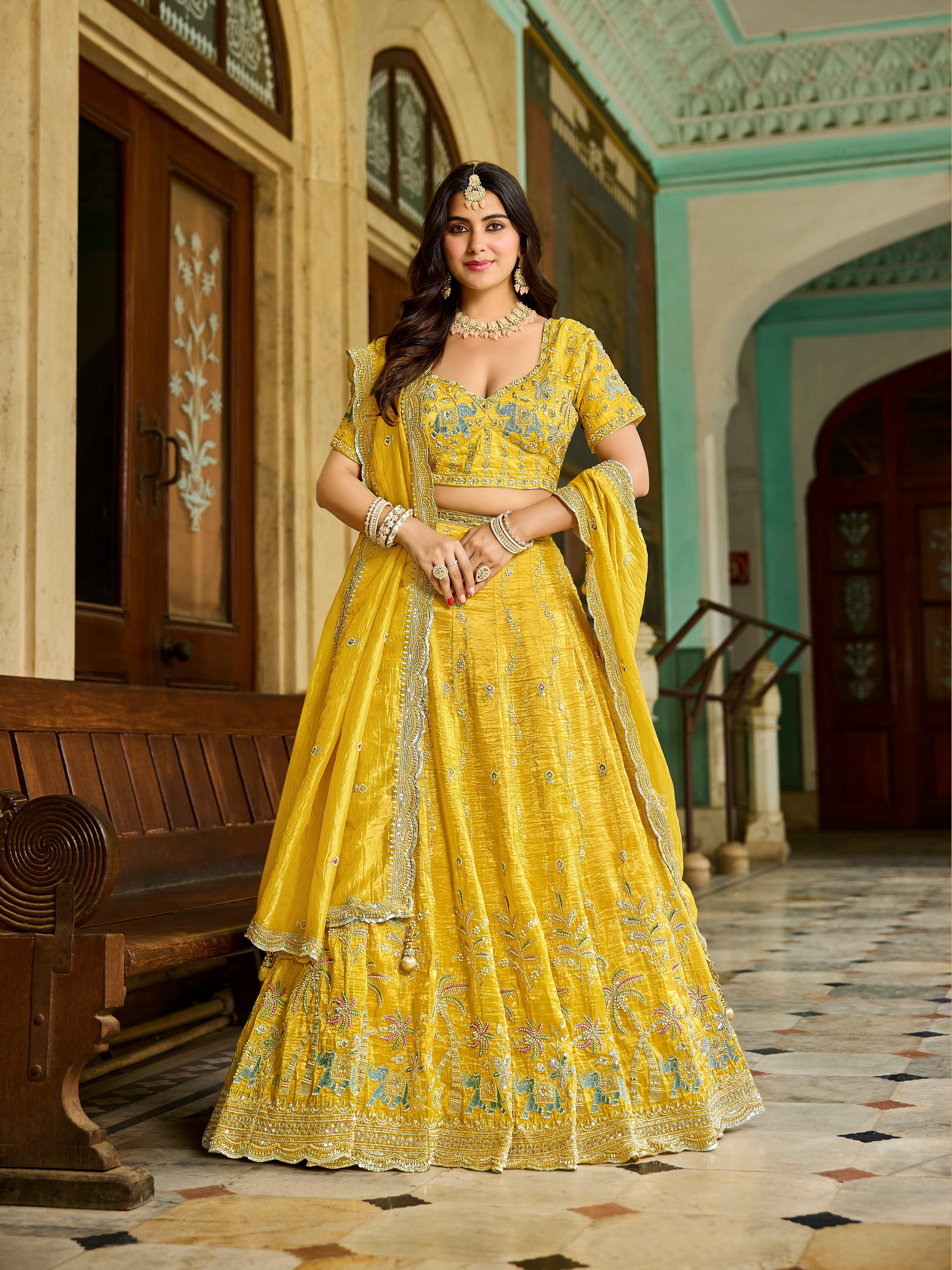 Yellow Tissue Lehenga – Bridal & Festive Wear - Gunj Fashion