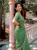 Pista Green Pure Crush Embroidered Saree with Multicolor Floral Motifs and Cutwork Border