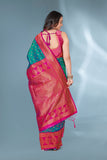 Green with Pink Polka Paithani Silk Contrast Zari Woven Saree with Unstitched Blouse