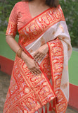 White Red Soft Silk Saree with Baluchari Durga Pooja Zari Woven Saree
