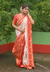 White Red Soft Silk Saree with Flower Butti Durga Pooja Zari Woven Saree