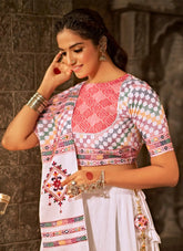 White Jacquard Cotton Embroiderd Traditional Lehenga Choli For Navratri