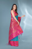 Blue Polka Paithani Silk Contrast Zari Woven Saree with Unstitched Blouse