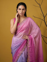 elegant dual color satin saree with cutwork piping border