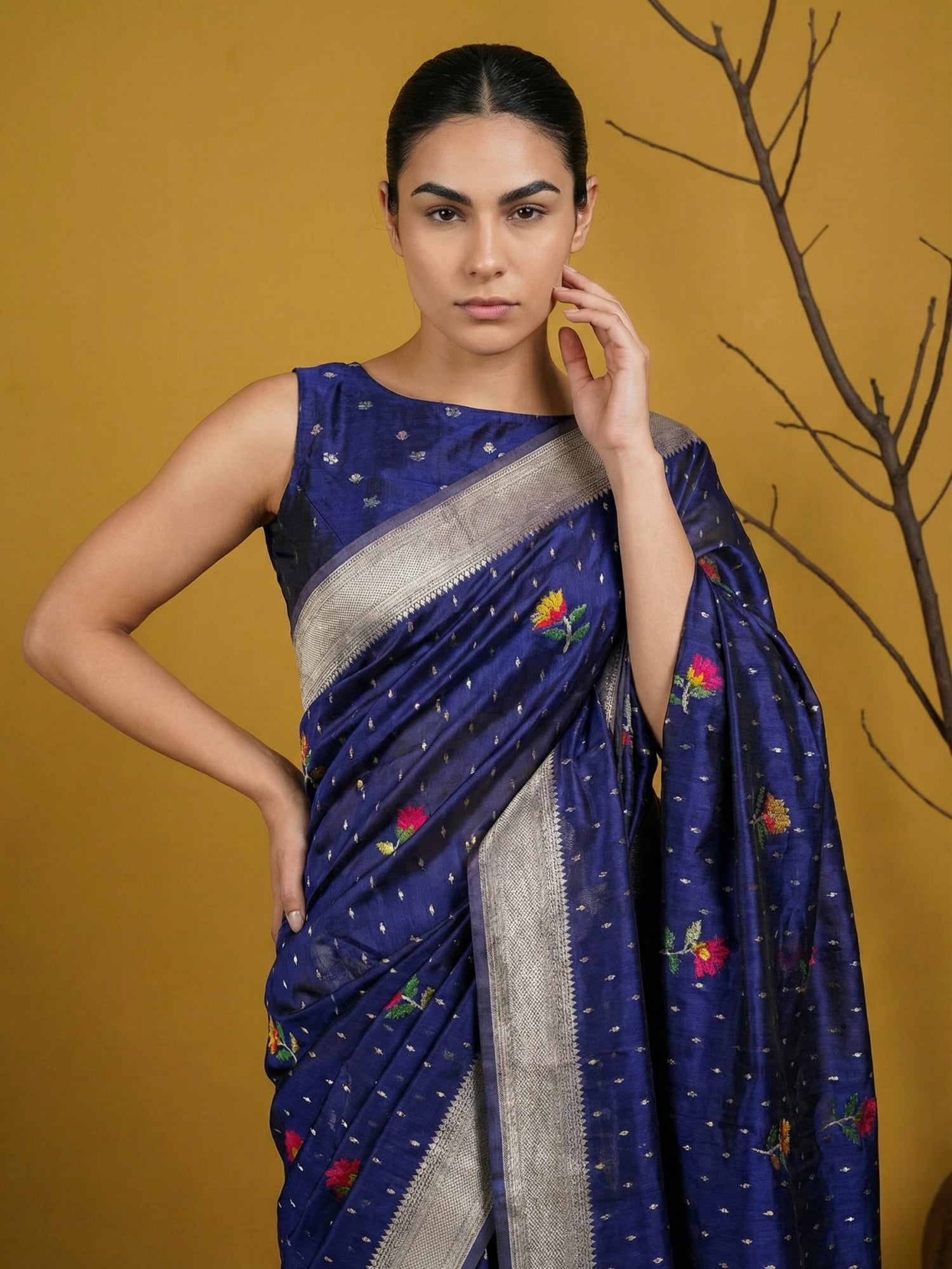 elegant royal blue organza saree featuring zari woven craftsmanship