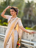 White Wedding Special Nauvari Paithani Soft Silk Saree with Zari Woven Polka Motifs and Peacock Pallu
