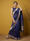 festive royal blue saree with rich jamdani pallu and brocade blouse