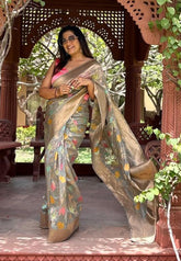 Riti Verma in Grey Organza Meenakari Floral Zari Woven Saree