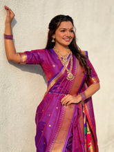 Special Nauvari Paithani Soft Silk Saree witPurple Weddingh Zari Woven Polka Motifs and Peacock Pallu