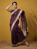 festive wine organza saree with artistic floral weaving and graceful drape