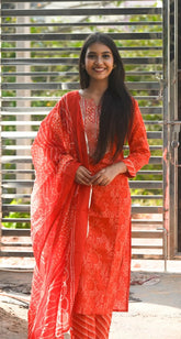 Pure Cambric Cotton Jaipuri Printed & Embroidered Kurta Set With Dupatta