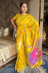 Yellow Soft Silk Ikkat Patola Saree with Meenakari Motifs Peacock Pallu and Gold Zari Border