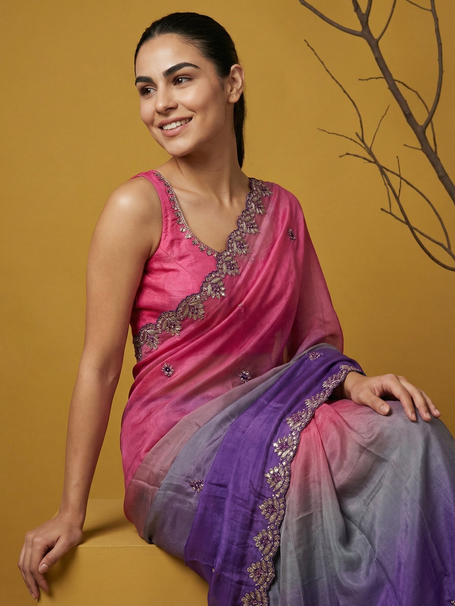 wedding wear designer saree with modern border and ethnic style