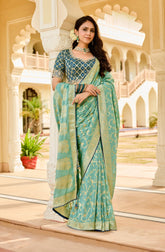 Elegant Sea Green Saree with Golden Weaving - Gunj Fashion