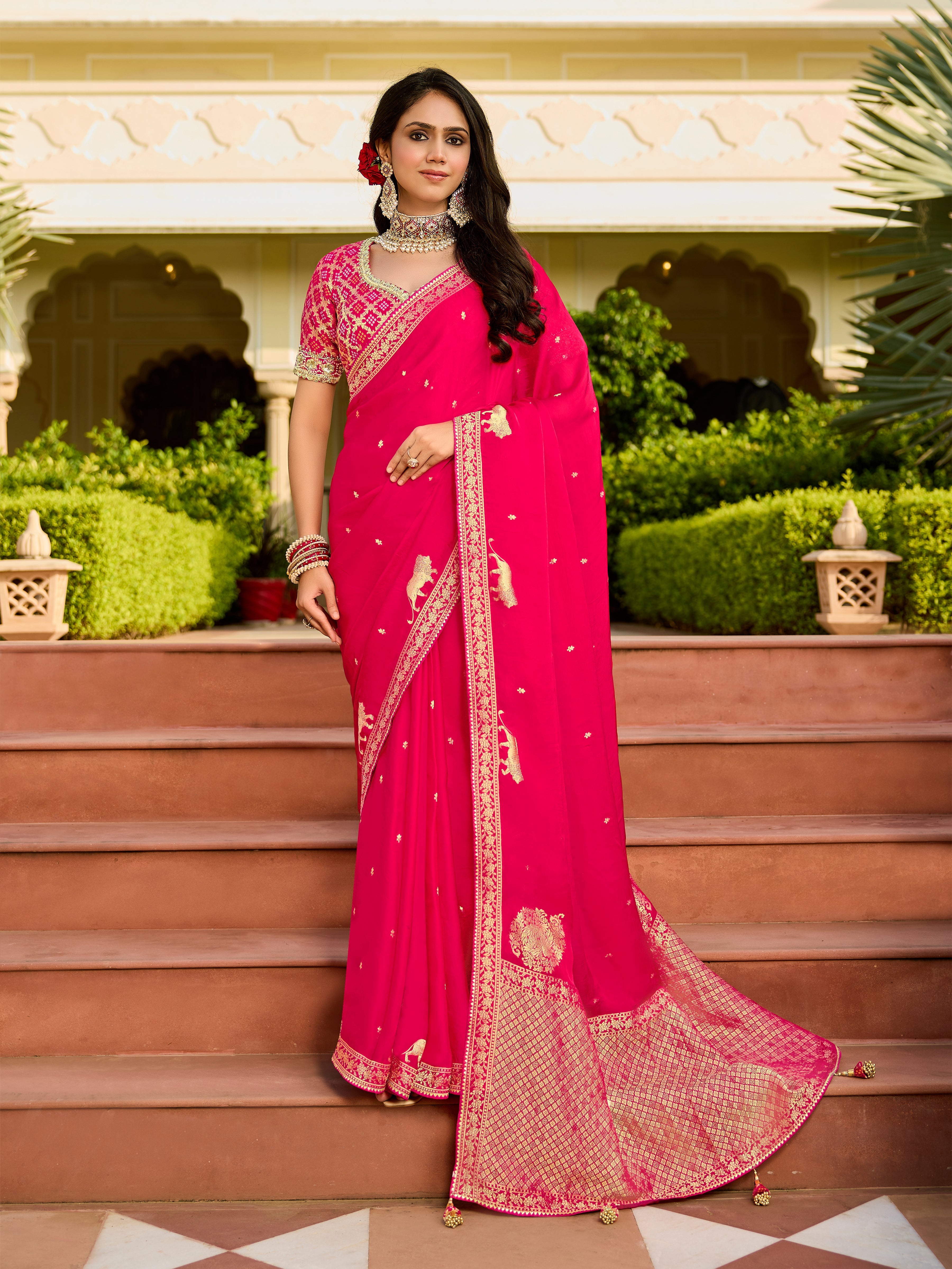 Bright Pink Saree with Embroidered Blouse | Elegant Festive & Wedding Wear - Gunj Fashion