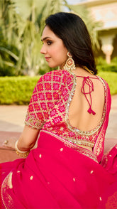 Bright Pink Saree with Embroidered Blouse | Elegant Festive & Wedding Wear - Gunj Fashion
