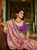 Pastel Pink Viscose Saree with Purple Blouse - Gunj Fashion