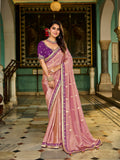 Pastel Pink Viscose Saree with Purple Blouse - Gunj Fashion