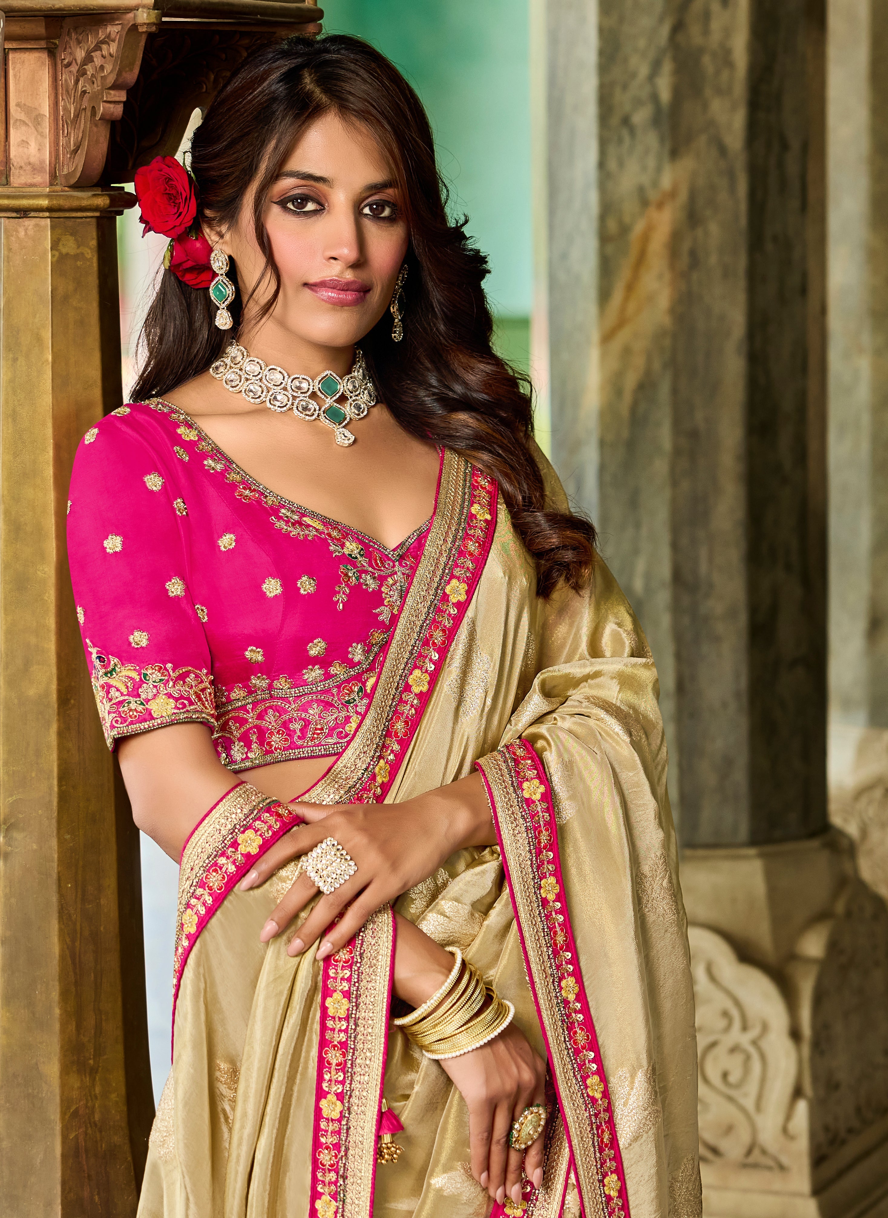 Ivory Saree with Pink Embroidery - Gunj Fashion