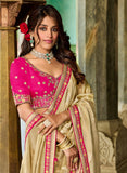 Ivory Saree with Pink Embroidery - Gunj Fashion