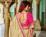 Ivory Saree with Pink Embroidery - Gunj Fashion