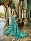 Royal Teal Blue Viscose Saree with Navy Blue Embroidered Blouse - Gunj Fashion