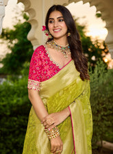 Green Saree with Contrasting Pink Blouse - Gunj Fashion