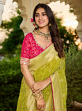 Green Saree with Contrasting Pink Blouse - Gunj Fashion