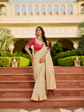 Premium Beige Saree with Pink Embroidered Blouse - Gunj Fashion