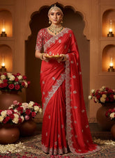 Radiant Red Georgette Satin Silk Saree with Aari Embroidery & Dual Stone Work