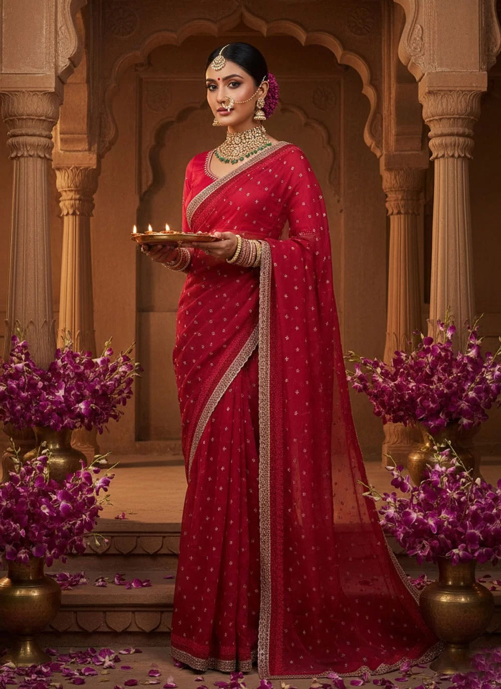 Stunning Red Georgette Satin Silk Karwa Chauth Saree with Multi Embroidery and Stone Work