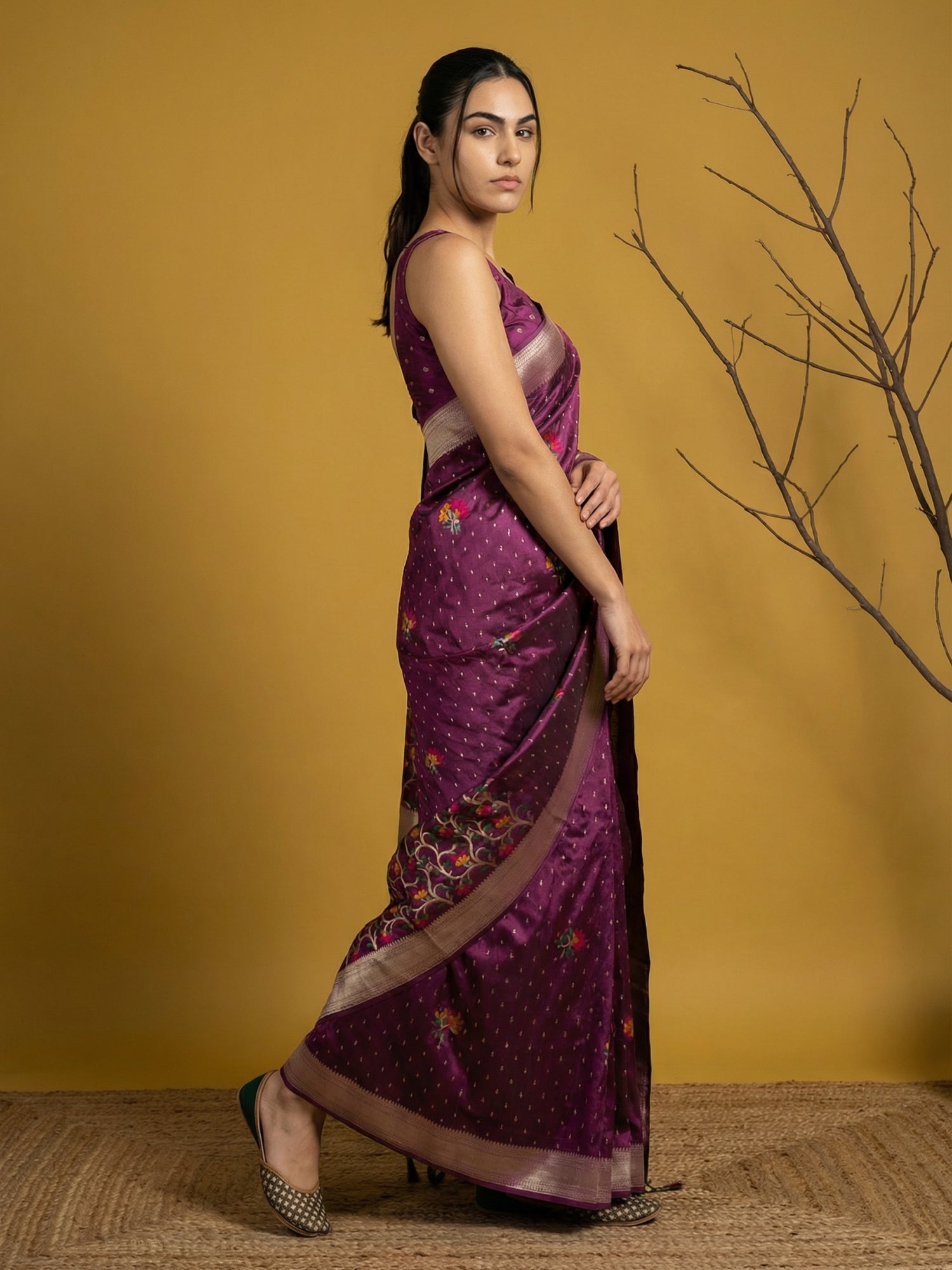 Woman in a purple saree with a yellow background