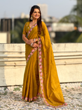 Mustard Pure Crush Embroidered Saree with Multicolor Floral Motifs and Cutwork Border