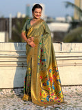 Green Bamboo Tissue Silk Paithani Saree with Meenakari Motifs, Half Half Design and Muniya Border
