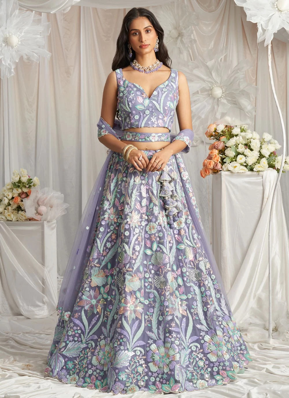 Adorable Mauve Net Lehenga Choli for Indian Wedding with Multicolor Sequin Embroidery