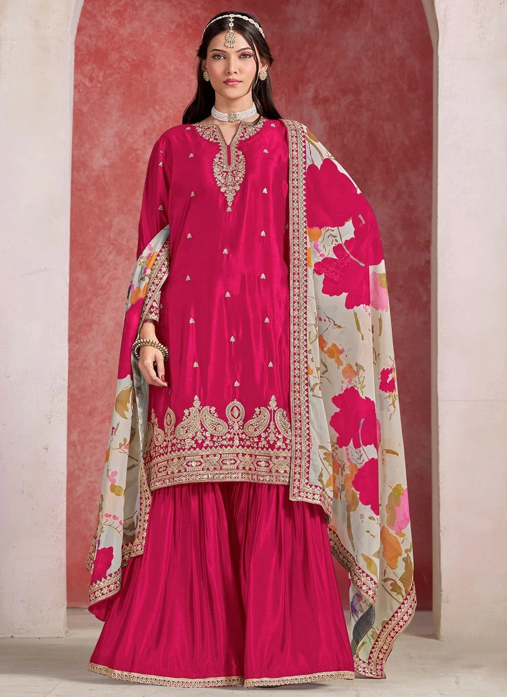 Rani Pink Embroidered Palazzo Salwar Suit in Chinon Silk