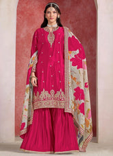 Rani Pink Embroidered Palazzo Salwar Suit in Chinon Silk