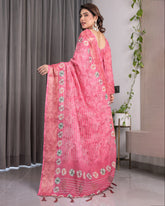 Artisan Rose Pink Handloom Linen Saree with Bandhani-Inspired Floral Print